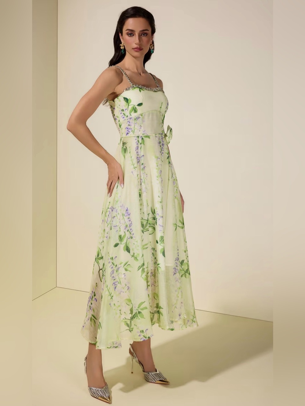Floral Rhinestone Smocking Midi Dress